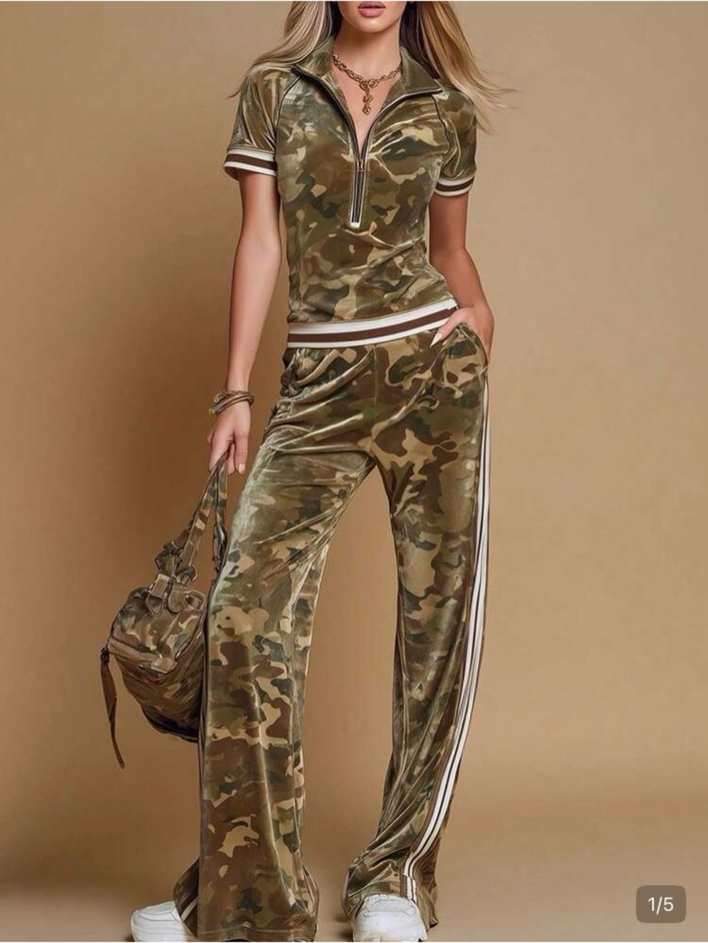 Camouflage Velour Track Pants & Top Set - Olive Camo